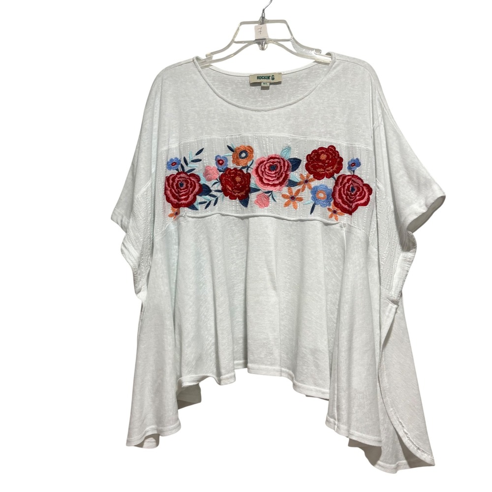 Rockin G Womens White Floral Embroidered Boho Flowy Top M/L Handkerchief Hem